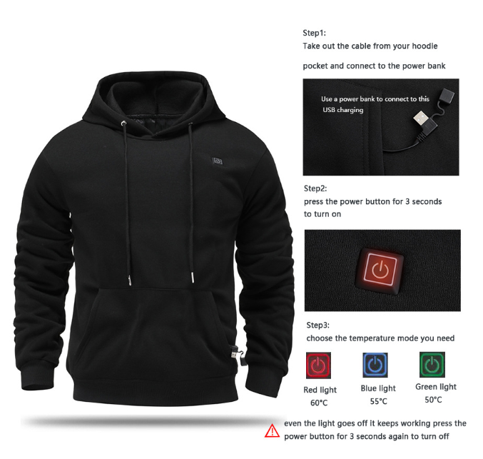 Zwarte verwarmde hoodie met de USB-aansluiting, bedieningsknop en de drie temperatuurstanden