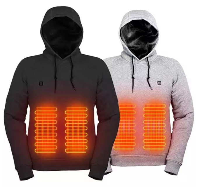 Zwarte en grijze verwarmde hoodies naast elkaar